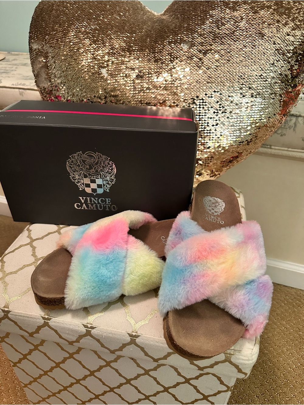 Vince Camuto Rainbow Pastel Faux-Fur Crossband Slides